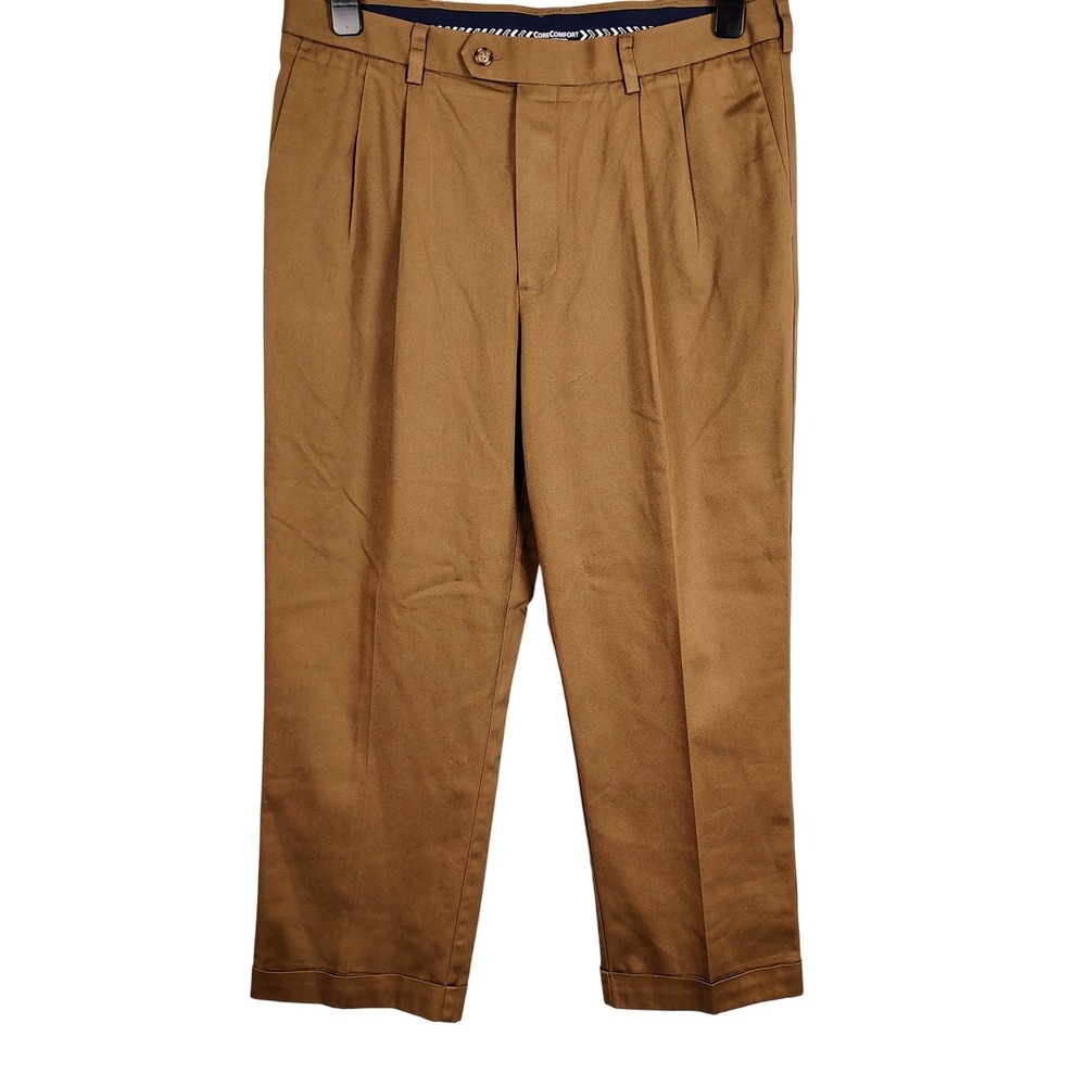 Roundtree & Yorke Mens 38x29 travelSMART Pleated Chinos Brown Cotton Stretch